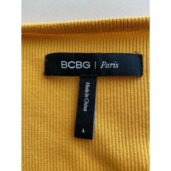 BCBG Women's Yellow Ribbed Knit Cutout Bodycon Dress Size L Short - Picture 3 of 3